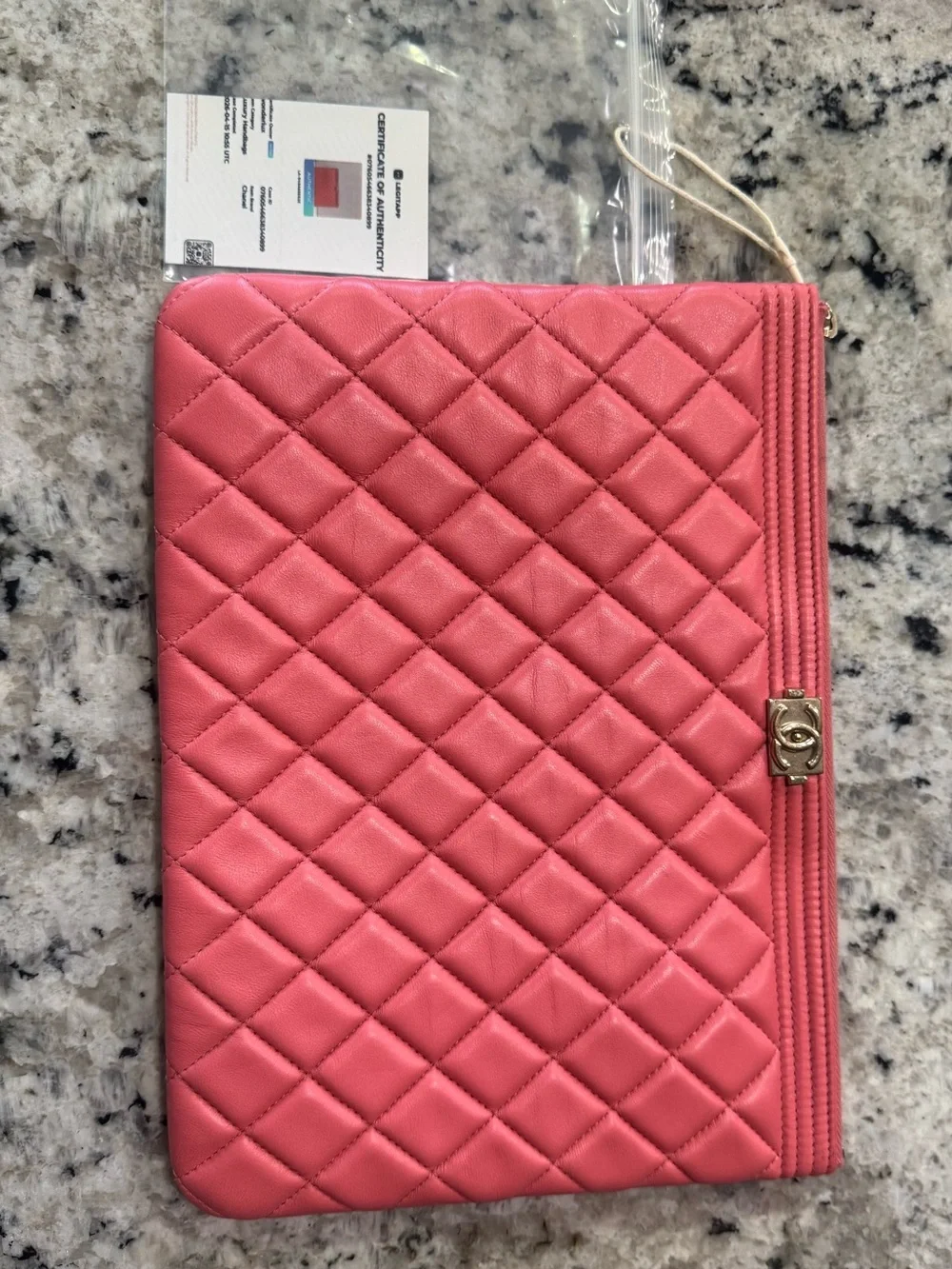 Rare Chanel Boy Quilted Lambskin Clutch in Coral